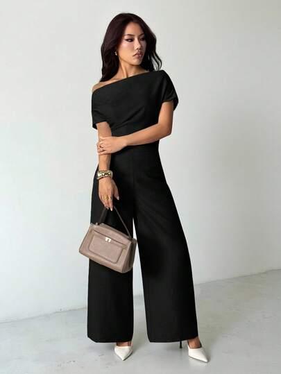 SHEIN CZARNY DWUCZĘŚCIOWY KOMPLET TOP SPODNIE S06__L