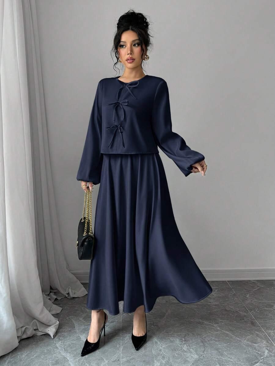 SHEIN GRANATOWY KOMPLET BLUZKA SPODNIE S06__L