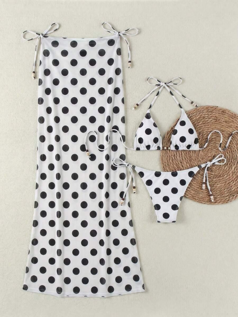 SHEIN KOMPLET DWUCZĘŚCIOWY STRÓJ KĄPIELOWY SARONG WZÓR GROSZKI S09__L