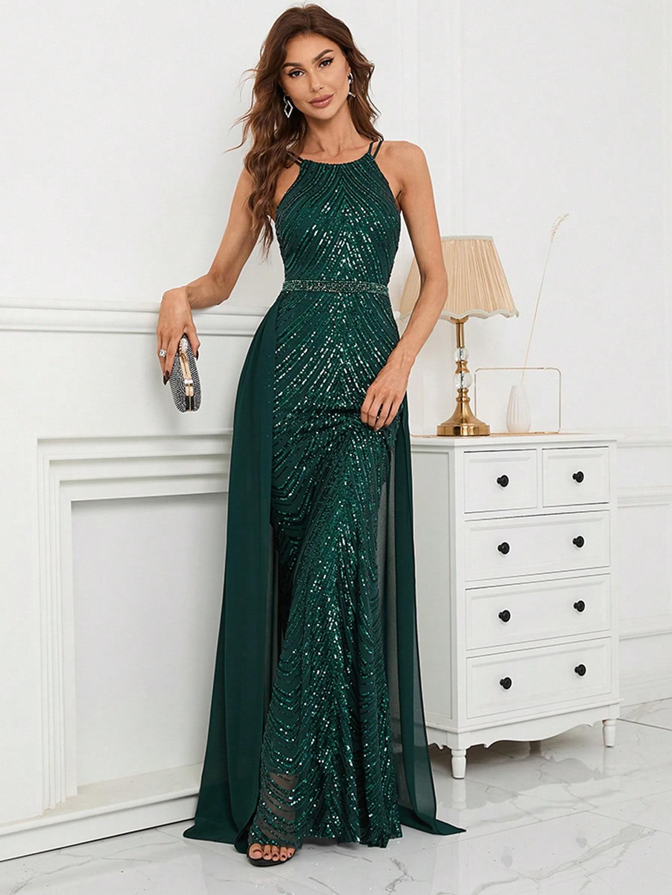 SHEIN ZIELONA MAXI SUKIENKA CEKINY S06__L