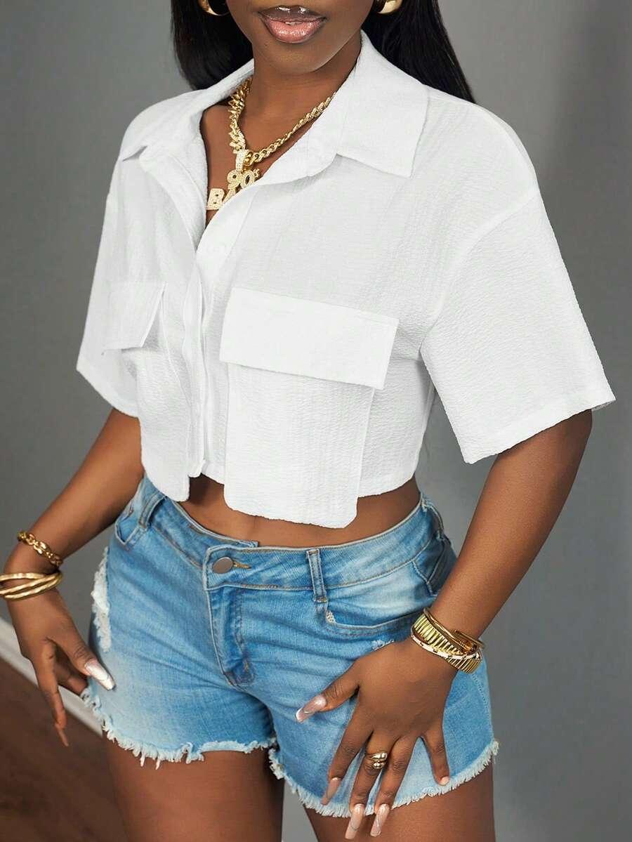 SLAYDIVA BIAŁA KOSZULA CROP TOP KIESZENIE S06__M