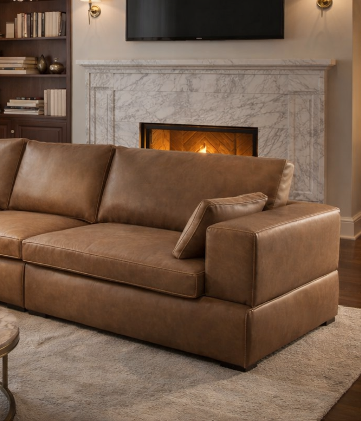 Narożnik z kolekcji Rancho w brązowej ekoskórze w salonie