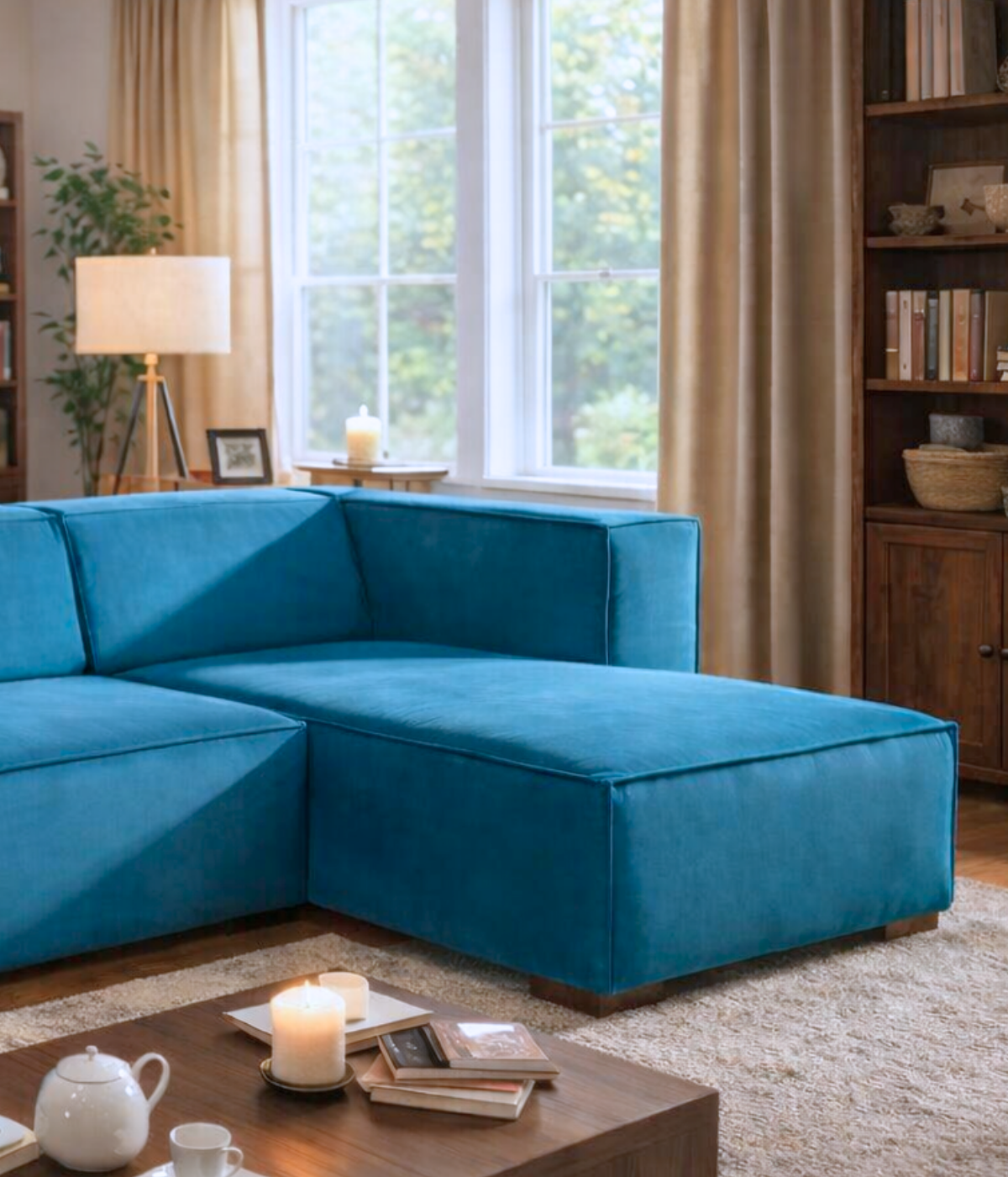 Turkusowy narożnik Tampa w jasnym salonie