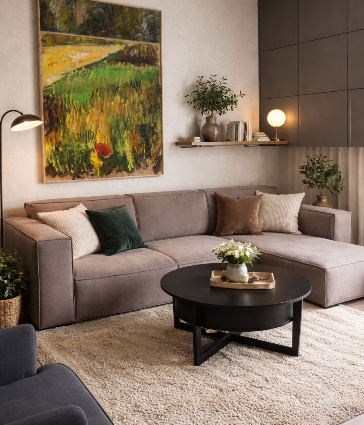 Jasnobrązowy narożnik Tampa w salonie z obrazem i stolikiem kawowym