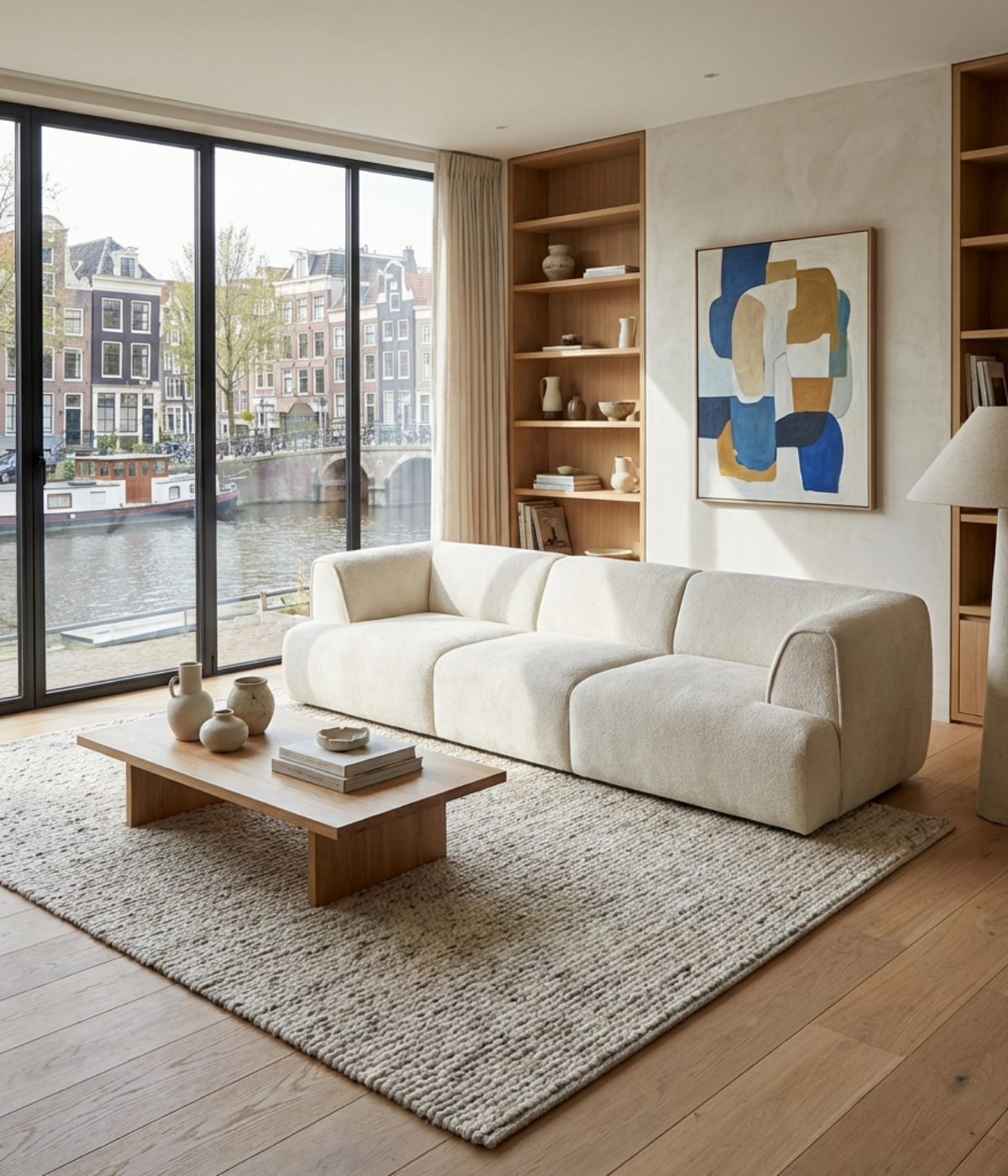 Jasna kanapa Maia w przestronnym salonie o przytulnym charakterze, z dużą ilością światła i naturalnymi dodatkami