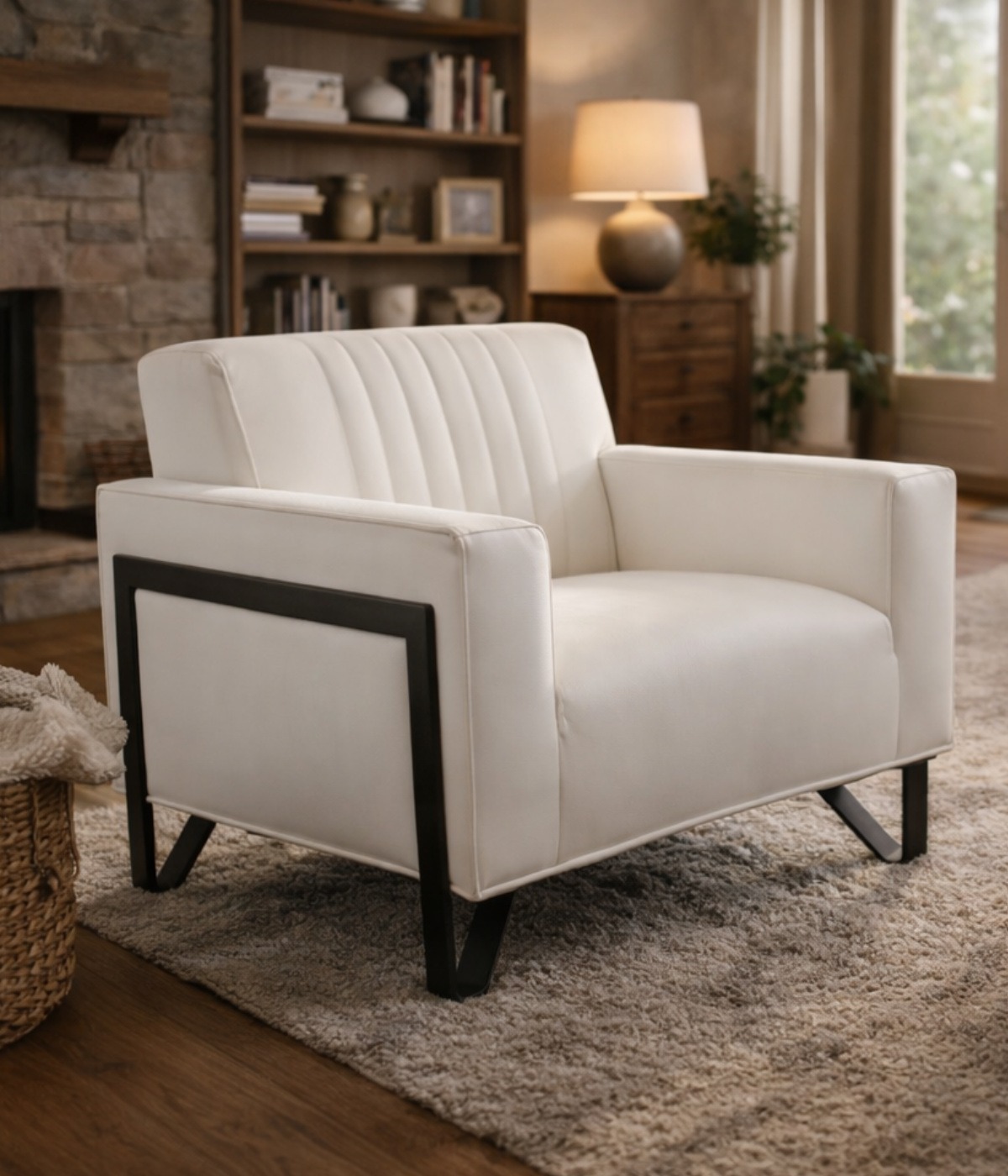 Jasny fotel Predro w przytulnym salonie