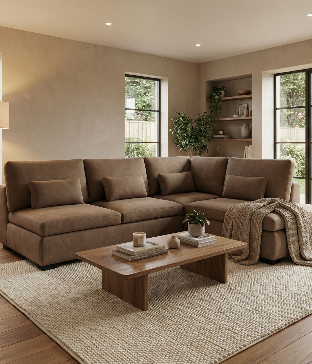 Kanapa Rancho w ciemnym brązie ustawiona w salonie za stolikiem kawowym