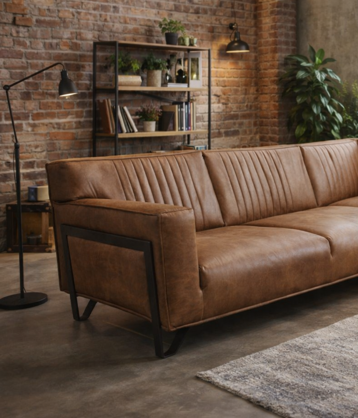 Narożnik Pedro w brązowej ekoskórze w salonie w stylu industrialnym