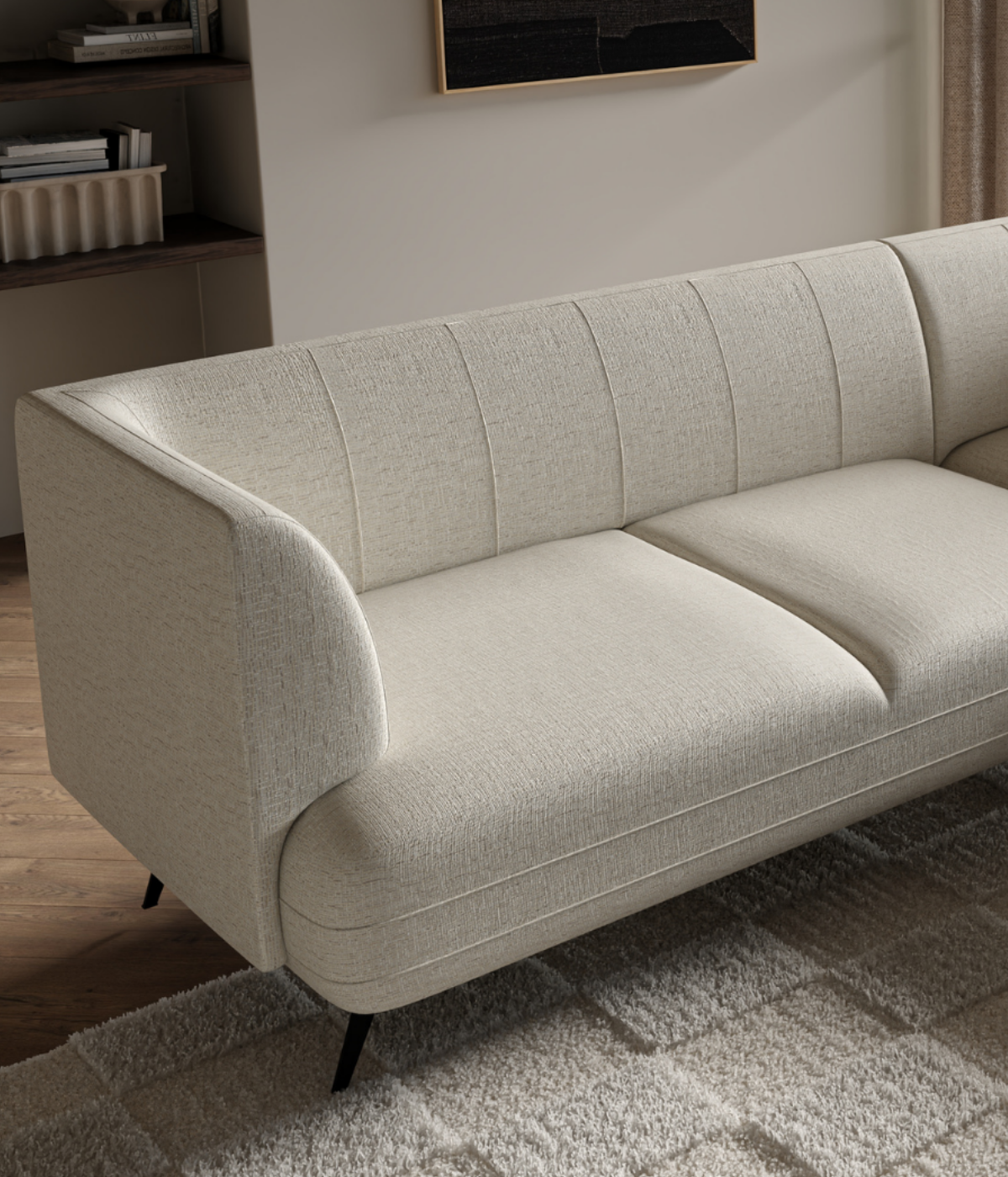 Narożnik Rea w beżowym salonie w widoku ze skosu