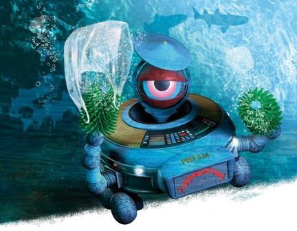 Zeichnung von PIWI (Pool Intelligenter Wasser Roboter), einem Poolroboter und der Hauptfigur des Buches „PIWI und die Plastiksuppe“