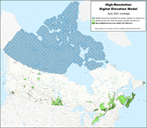 map - HRDEM coverage, Canada, June 2021
