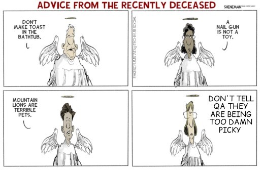 4 panel comic titled Advice from the recently departed.

First angel says Don't make toast in the bathtub
Second angel says a nail gun is not a toy
Third angel says mountain lions are terrible pets
Fourth angel says don't tell QA they are being too damn picky