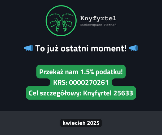 Grafika z tekstem zachęcająca do wpłaty 1.5% podatku. Zawiera numer KRS i cel szczegółowy.