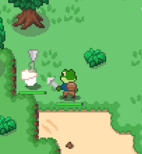 A pixel art game where a frog-like player character attacks a mushroom monster, the monster shows an animation that indicates that they received damage!