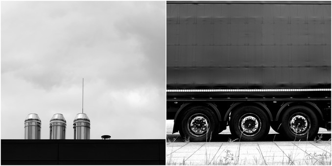 Two square black and white images next to each other. The one on the left shows three silver chimneys against a grey, cloudy sky. On the right-hand one there is a lightning rod, with a small round black cover next to it. The wall of the house is black and only takes up a small part of the picture at the bottom edge. The picture on the right shows a dark lorry trailer with three axles. At the bottom in the foreground is a paved path and a few blades of grass.