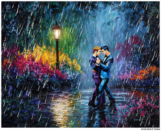 Digital art that depicts a flowery garden scene in the rain. A lamppost on the right side of the image is casting light on the scene where two men, one blond, one brunette, are dancing together in the falling rain.