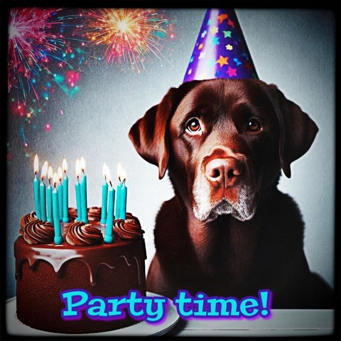 The image features a chocolate Labrador Retriever wearing a purple party hat adorned with colorful stars. The dog is positioned in front of a chocolate cake with blue candles, some of which are lit. The background includes colorful fireworks, adding to the festive atmosphere. The text "Party time!" is displayed in a playful blue font at the bottom of the image. The overall scene suggests a celebration.