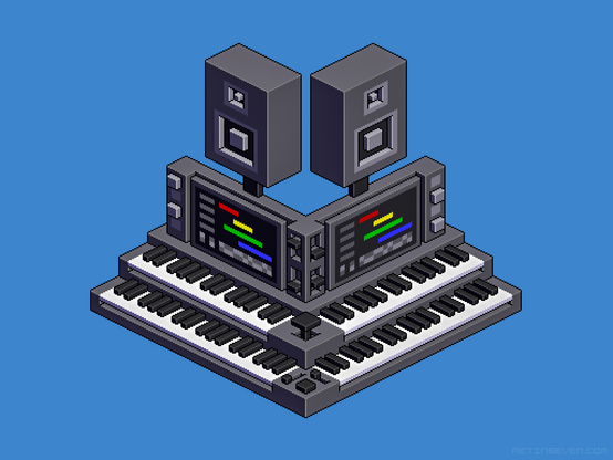 Isometric pixel art, showing an imaginary dual keyboard with a music sequencer on an attached monitor, and speakers on top of the rig.
