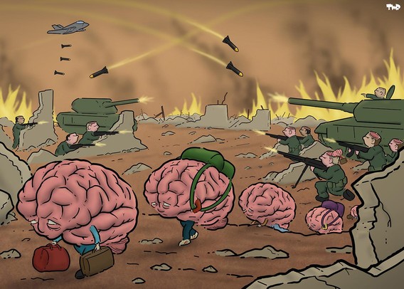 Cartoon showing two military groups fighting, while their brains climb out of the top of their heads and walk off carrying backpacks and suitcases, as if they were refugees of war.