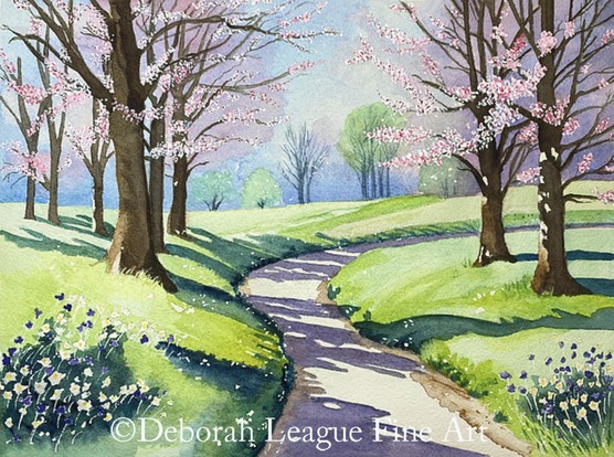 Discover the beauty of spring in this enchanting watercolor landscape painting, featuring delicate cherry blossoms in full bloom, a sunlit winding path, and lush rolling green hills. The vibrant yet soothing pastel hues create a peaceful atmosphere, making this artwork perfect for nature lovers and home decor enthusiasts. Ideal for art collectors and those seeking spring-inspired wall art, this piece embodies the essence of renewal and tranquility.

A winding path leads through a vibrant spring landscape with blossoming trees and lush green grass. Delicate flowers line the path, and the scene conveys a sense of tranquility and renewal.
