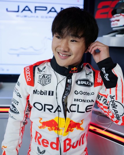 Yuki smiles in the garage, ahead of the Japan GP.