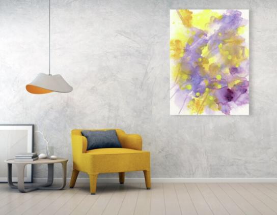 Sunshine Dance is an abstract acrylic painting in portrait format hand-painted by the artist Karen Kaspar.
Vibrant splashes of colour and loose brushstrokes of yellow, orange and purple blend together in an abstract design, creating a vibrant and energetic composition. Soft colour gradients and loose edges give the artwork a sense of fluidity and movement.
The sunshine dances merrily in the summer sky between the clouds.
Let the sunshine into your heart and your home!
The warm colours yellow and orange are energizing and positive and reflect happiness and optimism.