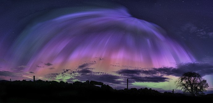 An image of the multi coloured Aurora in the night sky over North East Scotland.