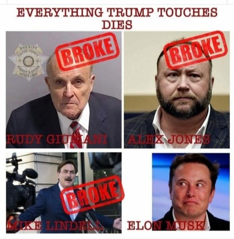 "EVERYTHING TRUMP TOUCHES DIES" is the title over four pictures of prominent Trump supporters.

In the upper left is Rudy Giuliani's mug shot with "BROKE" stamped over it
In the upper right is Alex Jones with "BROKE" stamped over him
In the bottom left is Mike Lindell with "BROKE" stamped over him

In the bottom right is Elon Musk.
