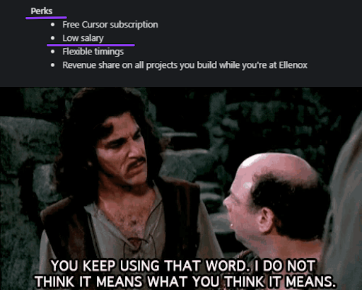 Under the Perks section, there is a "low salary” bullet point. Inigo Montoya says, "you keep using that word. I do not think it means what you think it means."