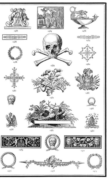 Plate from Gillé’s catalog of types and ornaments showcasing a skull and crossbones, wreaths, an oil lamp, a headpiece with dancing cherubs, etc.