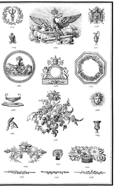 Page from Gillé’s catalog of types and ornaments showcasing a caduceus, a crowned eagle on a cloud, botanical tailpieces, etc.