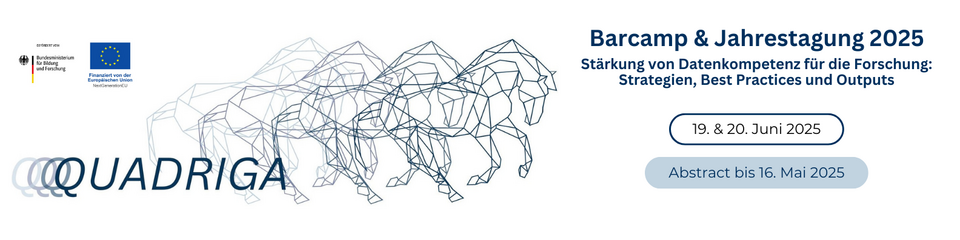 Banner mit Pferden zur Information des Quadriga Barcamp und Jahrestagung 2025 am 19. und 20. Juni. Abstracts bis 16. Mai