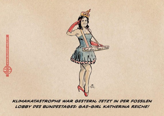 Illustration von Wirtschaftsministerin Reiche als klischehaftes 1950er Verkaufs-Girl die dem Betrachter kokett salutierend ihre Auslagen zeigt: einen Bauchladen mit der Aufschrift Fuck the Planet 4 Profit. textzeile: Klimakatastrophe war gestern, jetzt in der Fossilen Lobby des Bundestages: Gas-Girl Katherina Reiche!