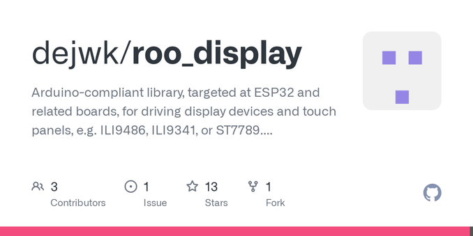 Arduino-compliant library, targeted at ESP32 and related boards, for driving display devices and touch panels, e.g. ILI9486, ILI9341, or ST7789. Powerful and fast. - dejwk/roo_display