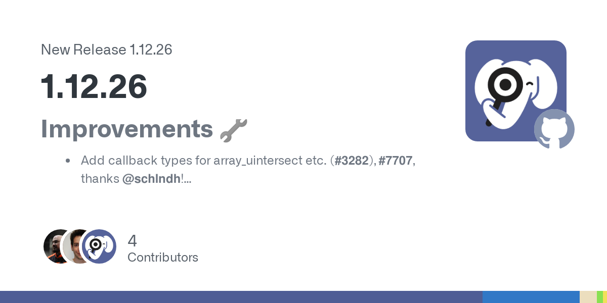Improvements 🔧

Add callback types for array_uintersect etc. (#3282), #7707, thanks @schlndh!
Support iterable as template type bound (#3984), #12214, thanks @RobertMe!
Introduce StrrevFunctionRetu...