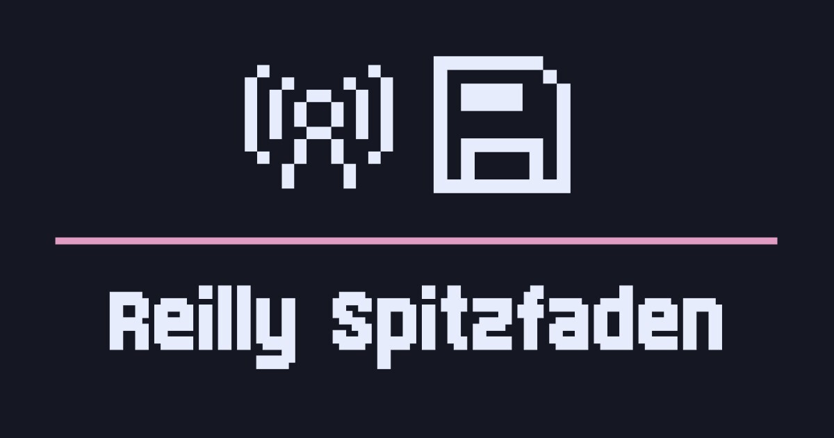 Pixel art of a radio tower and floppy disk, with pixel art text reading 'Reilly Spitzfaden'