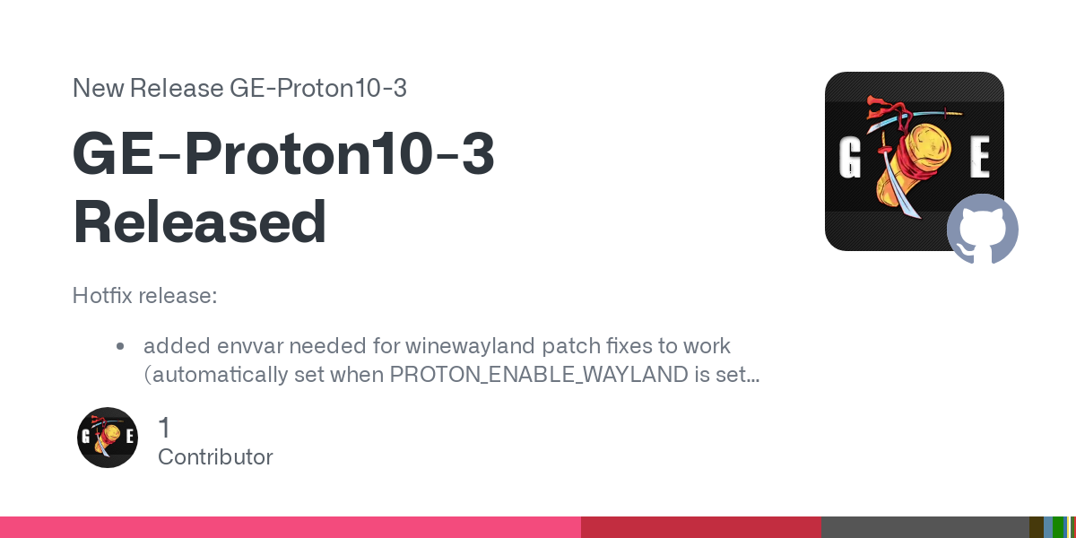Hotfix release:

added envvar needed for winewayland patch fixes to work (automatically set when PROTON_ENABLE_WAYLAND is set)
added patch so that PROTON_ENABLE/DISABLE_HIDRAW works as expected.

I...