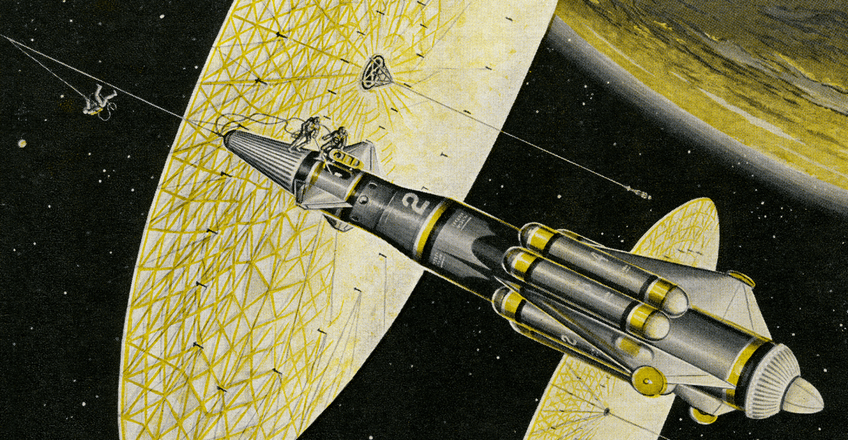 Vintage illustration by Frank Tinsley of a futuristic spaceship powered by a large solar wind sail, 1959. Screen print. Vintage illustration by Frank Tinsley of a futuristic spaceship powered by a large solar wind sail, 1959. Screen print.