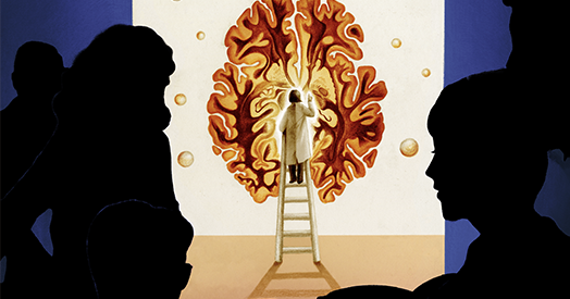 Silhouettes watch a figure standing in front of a huge human brain.