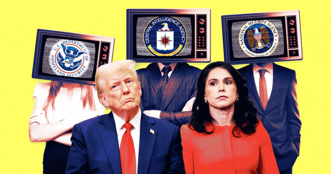 An animated GIF of Donald Trump, Tulsi Gabbard, and three people with televisions for heads and on each monitor are the logos of Homeland Security, the CIA, and the NSA on a yellow background.