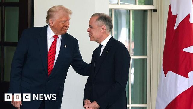 Donald Trump smiles and touches Mark Carney's arm as he greets the prime minister outside the White House. Both men are wearing dark suits and are standing near a Canadian flag.