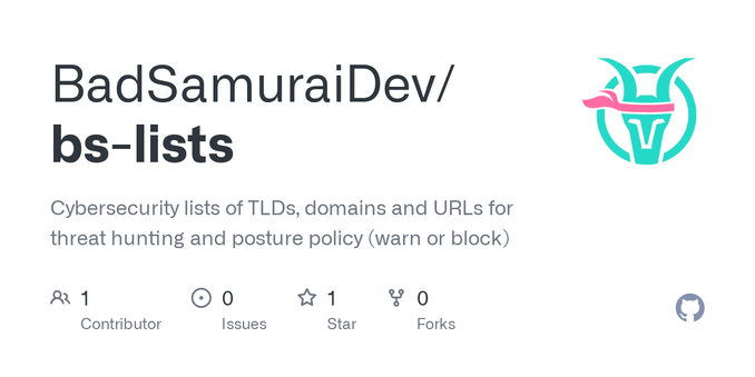 Cybersecurity lists of TLDs, domains and URLs for threat hunting and posture policy (warn or block) - BadSamuraiDev/bs-lists