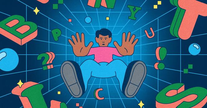 A figure surrounded by 3D letters in a virtual space. A figure surrounded by 3D letters in a virtual space.