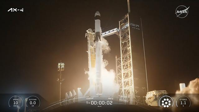 The SpaceX Dragon spacecraft carrying the Axiom Mission 4 crew launches atop the Falcon 9 rocket from NASA's Kennedy Space Center to the International Space Station.