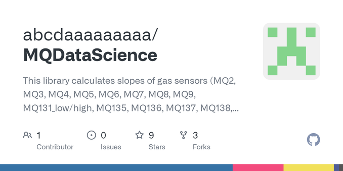 This library calculates slopes of gas sensors (MQ2, MQ3, MQ4, MQ5, MQ6, MQ7, MQ8, MQ9, MQ131_low/high, MQ135, MQ136, MQ137, MQ138, MQ214, MQ216, MQ303A, MQ303B, MQ306A, MQ307A, MQ309A) &amp; includ...