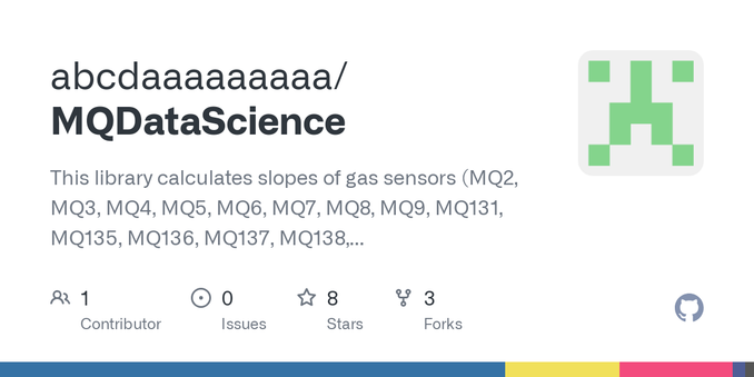This library calculates slopes of gas sensors (MQ2, MQ3, MQ4, MQ5, MQ6, MQ7, MQ8, MQ9, MQ131, MQ135, MQ136, MQ137, MQ138, MQ214, MQ303A, MQ303B, MQ307A, MQ309A) and includes Geiger Counter support ...