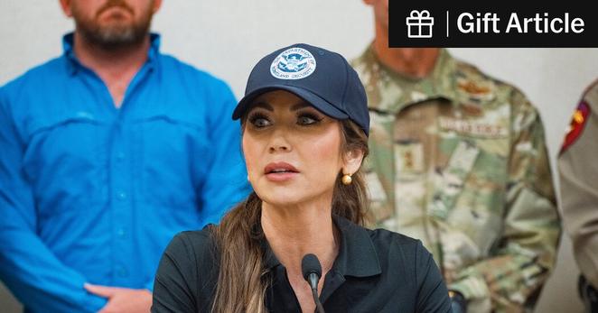 Homeland Security Secretary Kristi Noem at a news conference in Kerrville, Texas, on Saturday. Ms. Noem did not renew a contract to staff call center workers until Thursday.