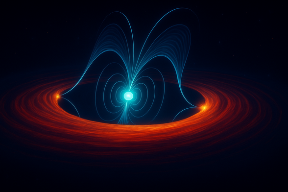 This artist’s concept depicts PSR J1023+0038, a pulsar in a binary system with a low-mass companion star which is not pictured. The pulsar appears as a glowing light blue dot at the center of a black background. Thin blue lines showing the pulsar’s magnetic field curve outward from it in graceful arcs, forming shapes that look like a drawn bow or butterfly wings. Circling this blue structure horizontally is the fiery orange-red ring of material swirling around the pulsar in an accretion disk. This ring glows brightly at spots on its left and right inner edges where it interacts with the pulsar wind, which flows along the magnetic field.