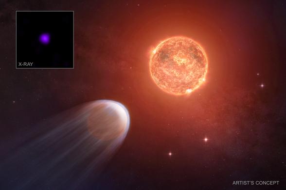 This release features an artist's illustration of a Jupiter-sized planet closely orbiting a faint red star. An inset image, showing the star in X-ray light from Chandra, is superimposed on top of the illustration at our upper left corner.