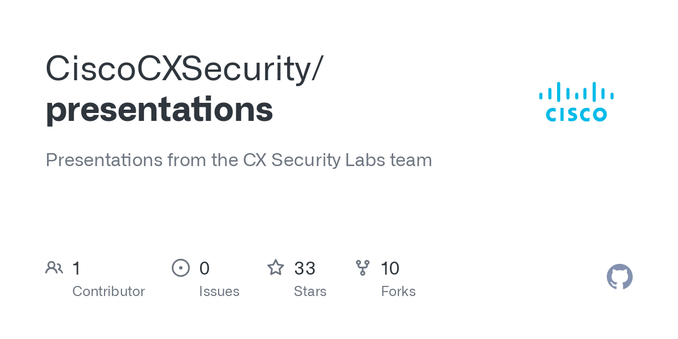 Presentations from the CX Security Labs team. Contribute to CiscoCXSecurity/presentations development by creating an account on GitHub. Presentations from the CX Security Labs team. Contribute to CiscoCXSecurity/presentations development by creating an account on GitHub.